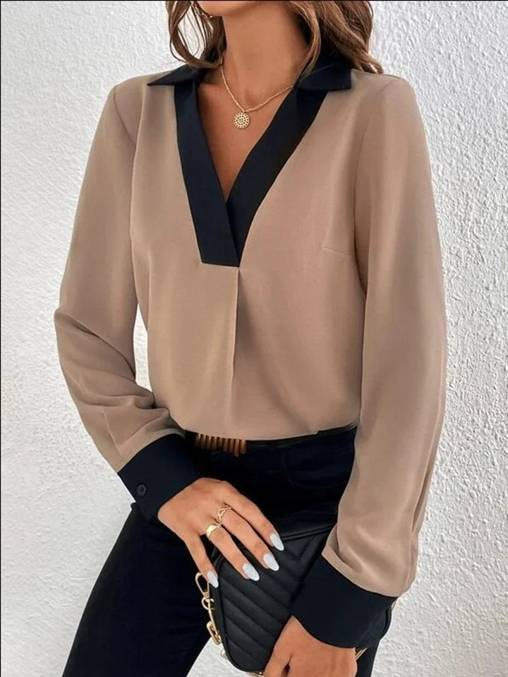 Erica| Elegante blusa de manga larga con cuello en V profundo