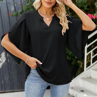 Blusas de gasa de estilo veraniego para mujer, camisas informales de manga corta acampanada con cuello en V,
