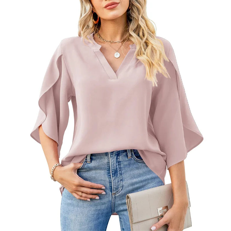 Blusas de gasa de estilo veraniego para mujer, camisas informales de manga corta acampanada con cuello en V,